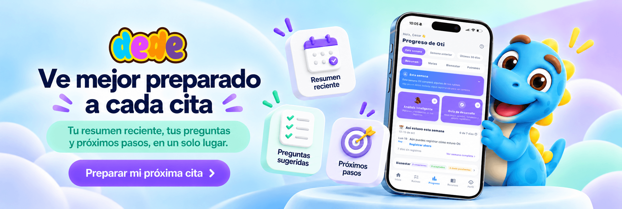 Dede: ve mejor preparado a cada cita. Tu resumen reciente, tus preguntas y próximos pasos, en un solo lugar.
